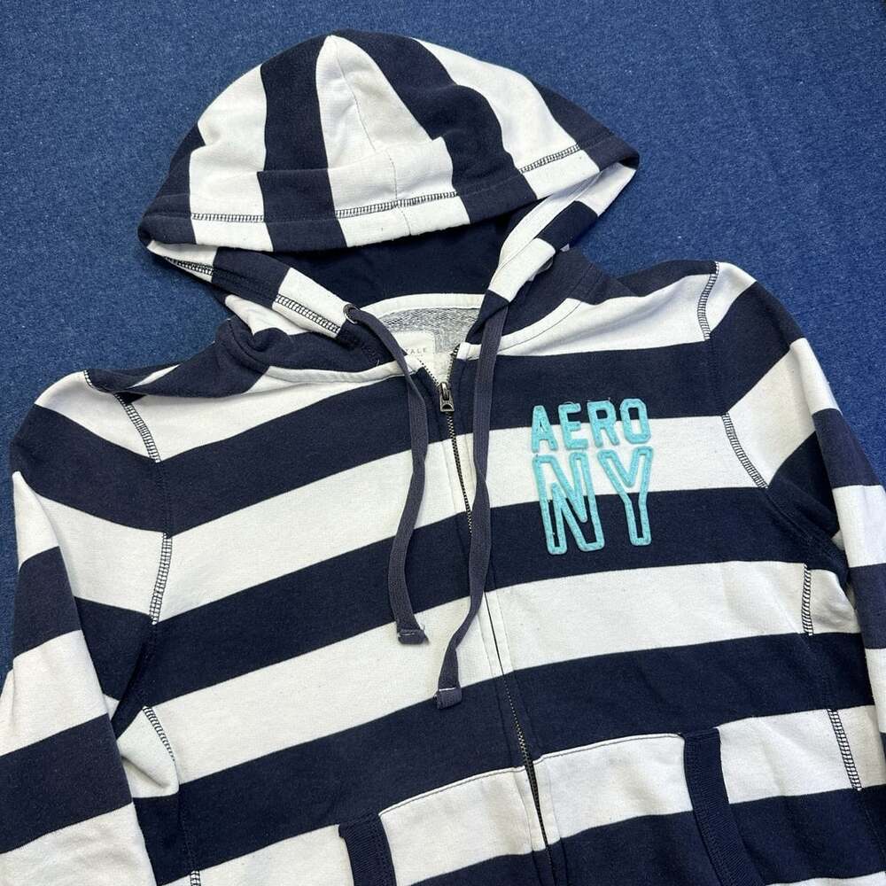 Aeropostale Navy Blue And White Striped Full Zip Hoodie Size XL